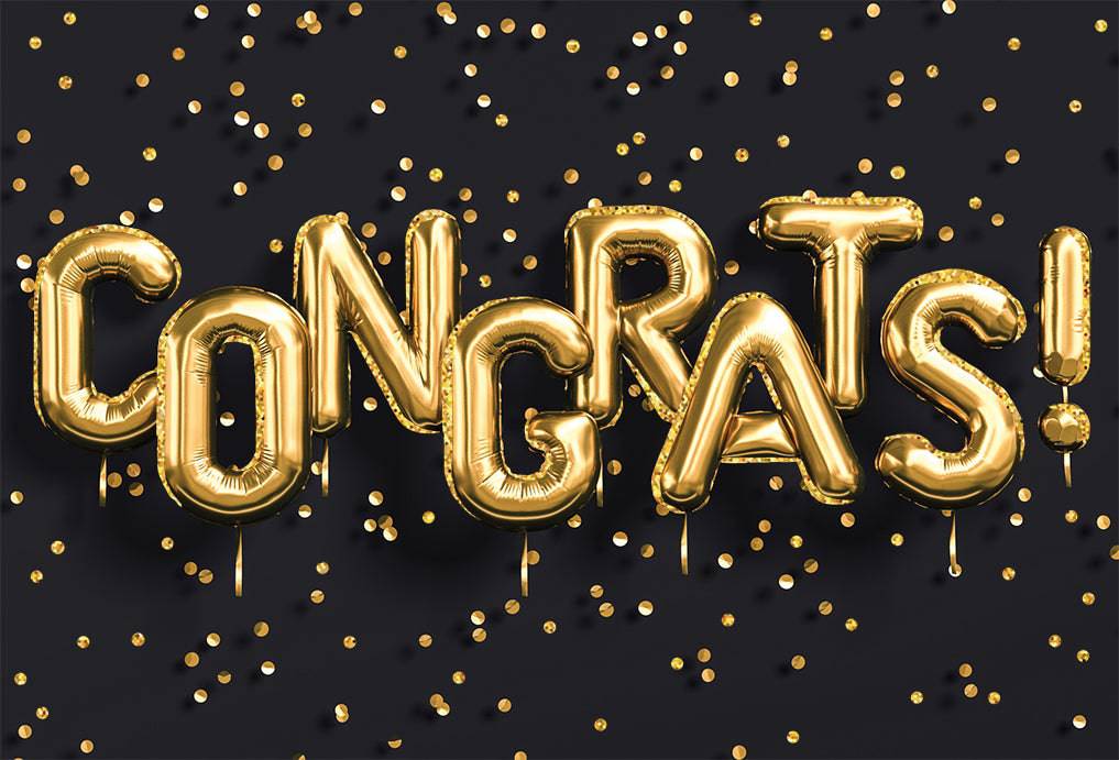 Gold Congrats balloons on a Pictura Congratulations card, featuring festive balloon illustrations and celebratory design.